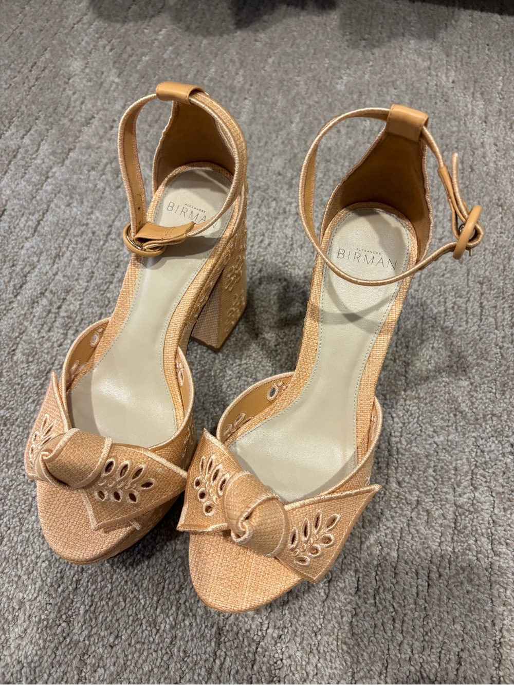 Alexandre Birman Beige/Tan Knotted Front Ankle-Strap Block Heels
